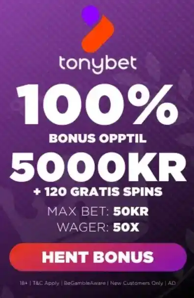 Promoción de TonyBet: bono hasta 5000 kr y 120 giros gratis para nuevos jugadores