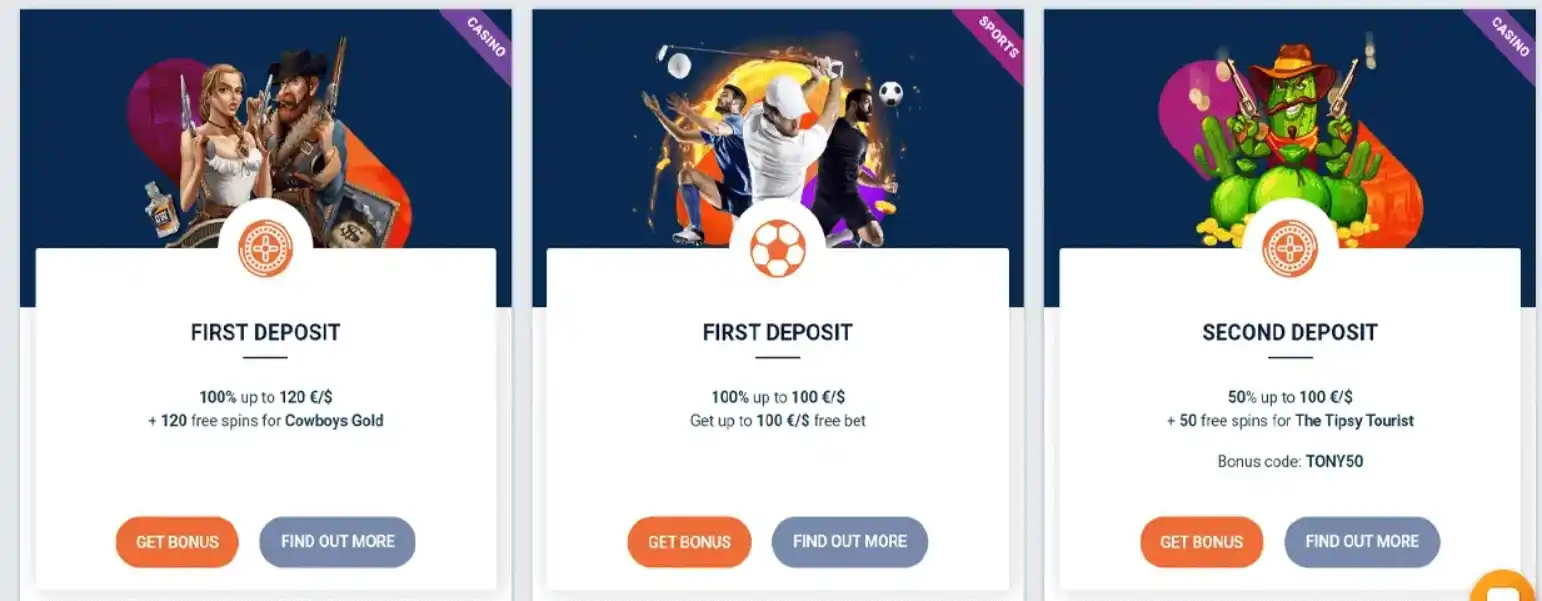 Bonos de primer y segundo depósito en TonyBet con tiradas gratis y códigos promocionales